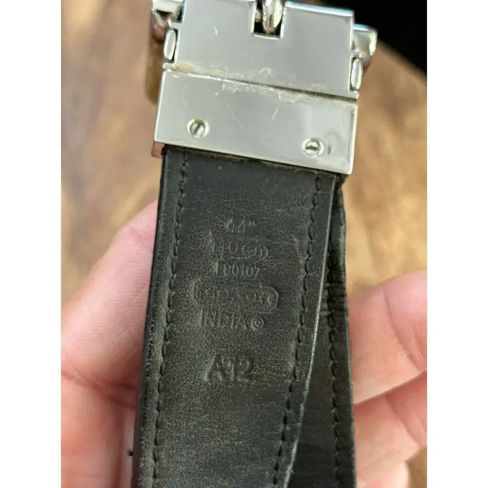 Coach Men's Black Silver Stamped Leather Buckle Belt